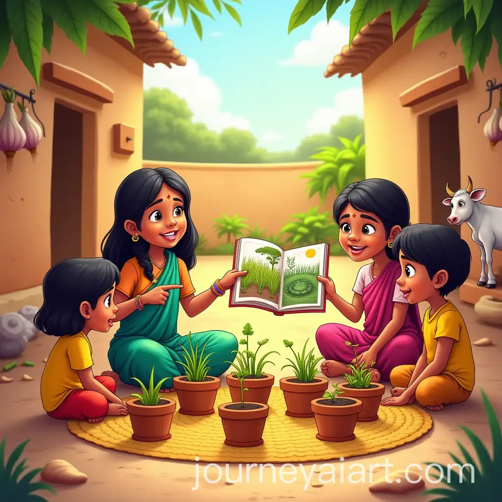 Bhama-Amma-and-Children-in-a-Sunny-Village-Courtyard-Learning-About-Plants-and-Agriculture