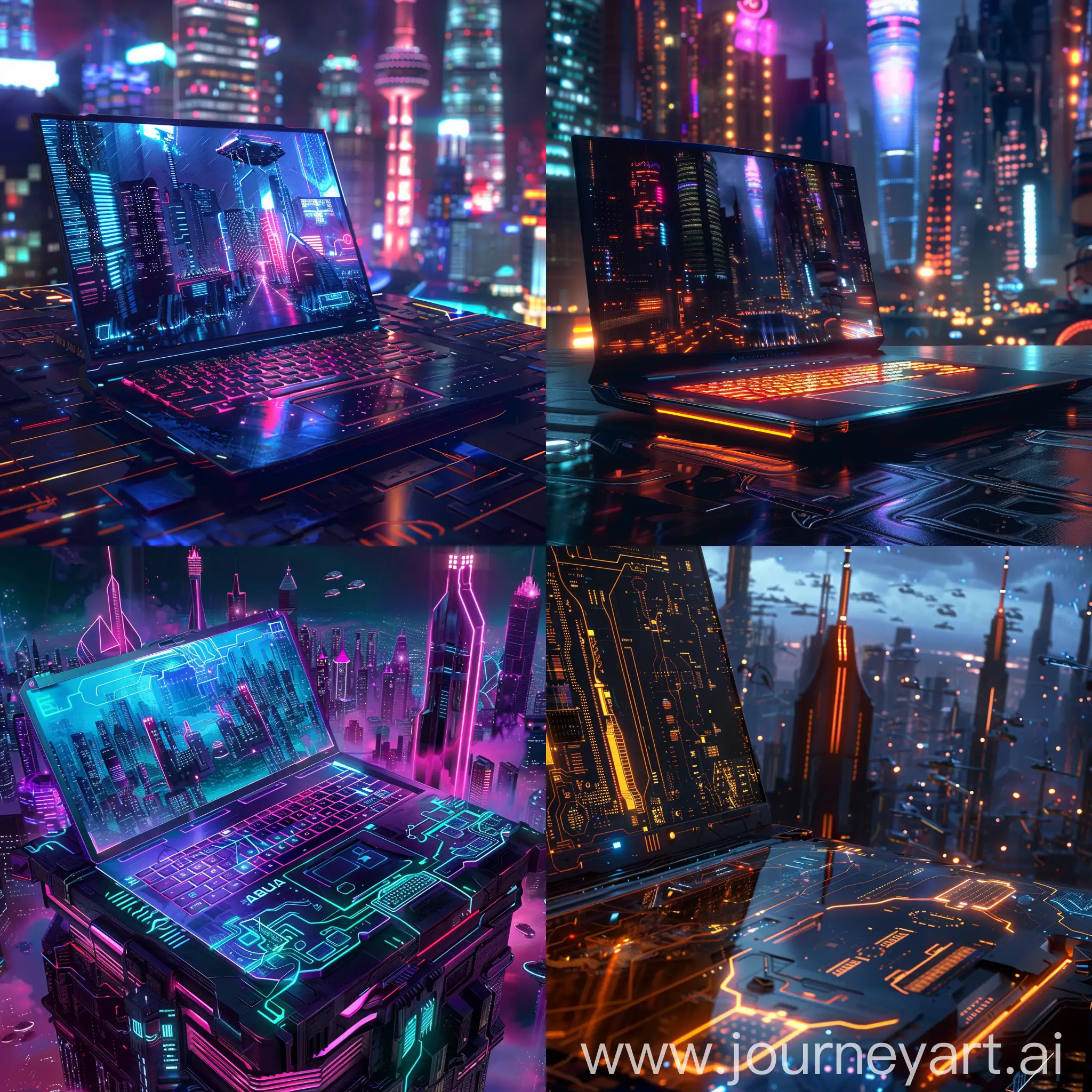 Futuristic-Composite-Laptop-with-Holographic-Displays-in-Neonlit-Cityscape