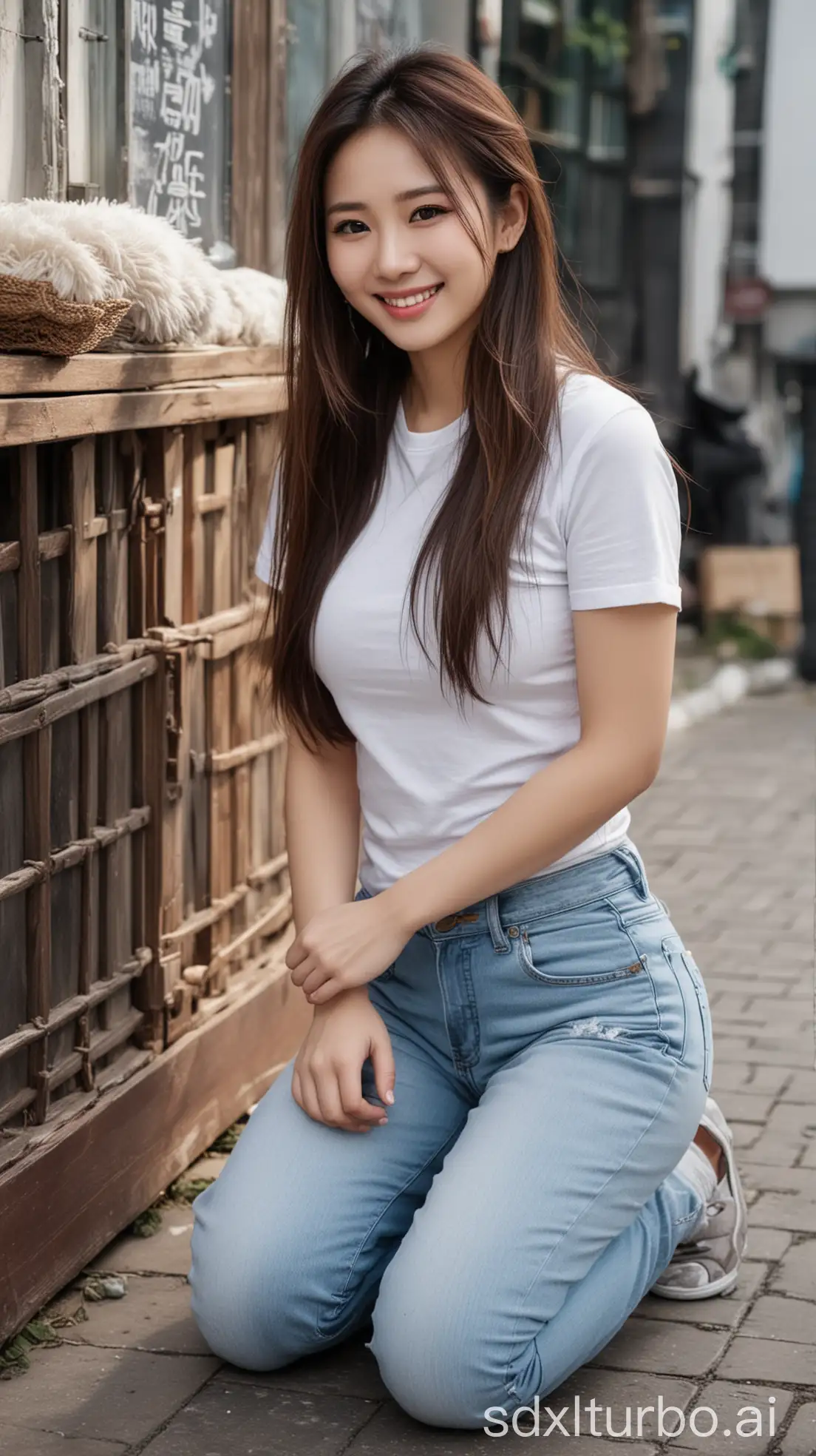 Beautiful-Chinese-Woman-in-Winter-Outfit-Posing-by-Roadside-Plush-Stall