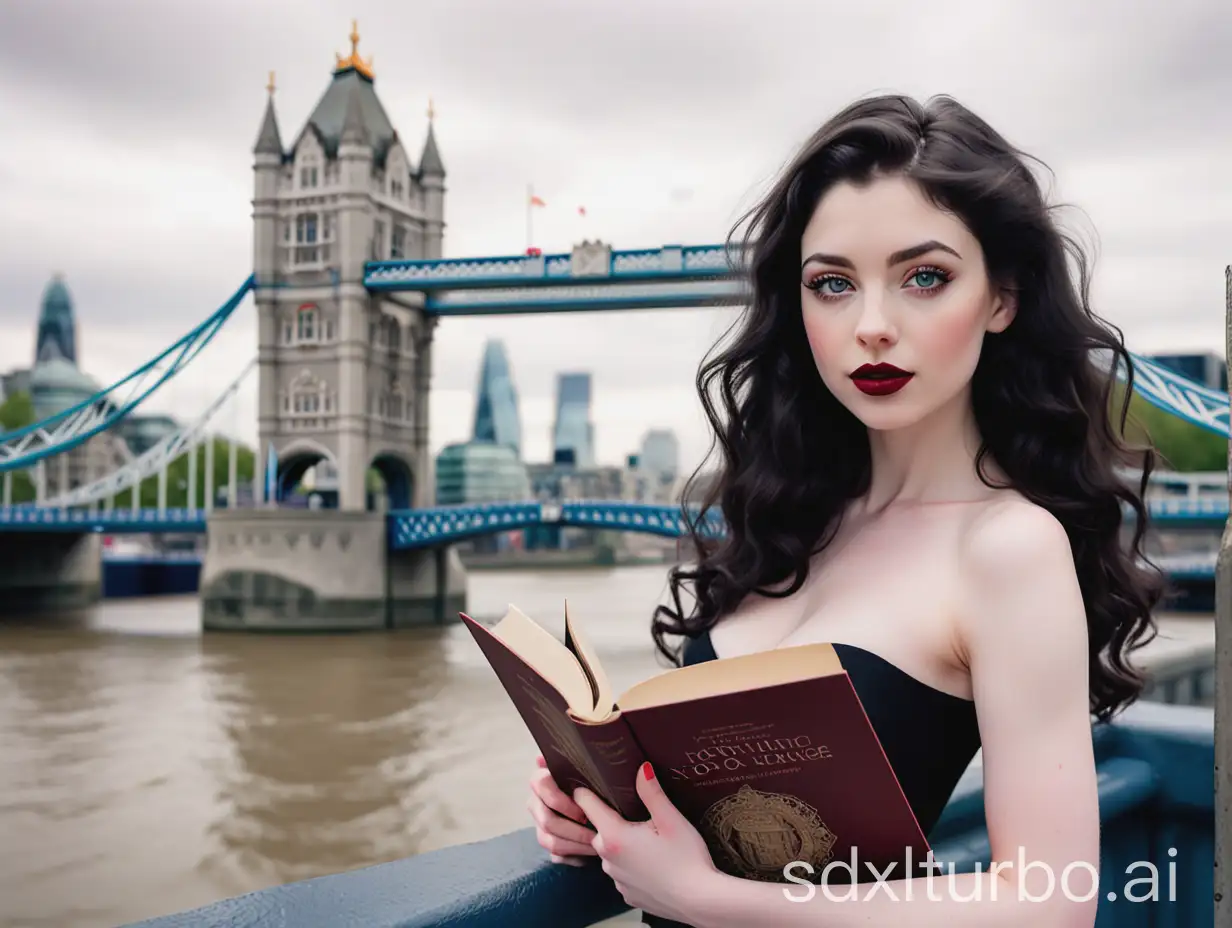A stunningly beautiful woman in her 20s. Pale skin, wavy black hair, light hazel eyes, very feminine body structure, dark red lipstick, impressive lashes.  She poses for the camera while holding a thick book. Tower bridge, London in the background.