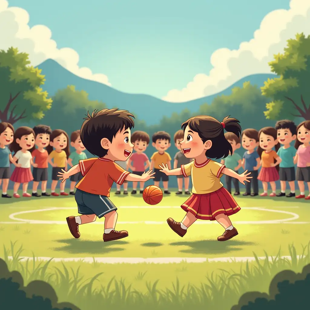 Create an image depicting the atmosphere of a traditional 'Egrang' game tournament on the field showing 2 pairs of boys and girls. Around the field there are spectators consisting of parents, teenagers and children with happy expressions.