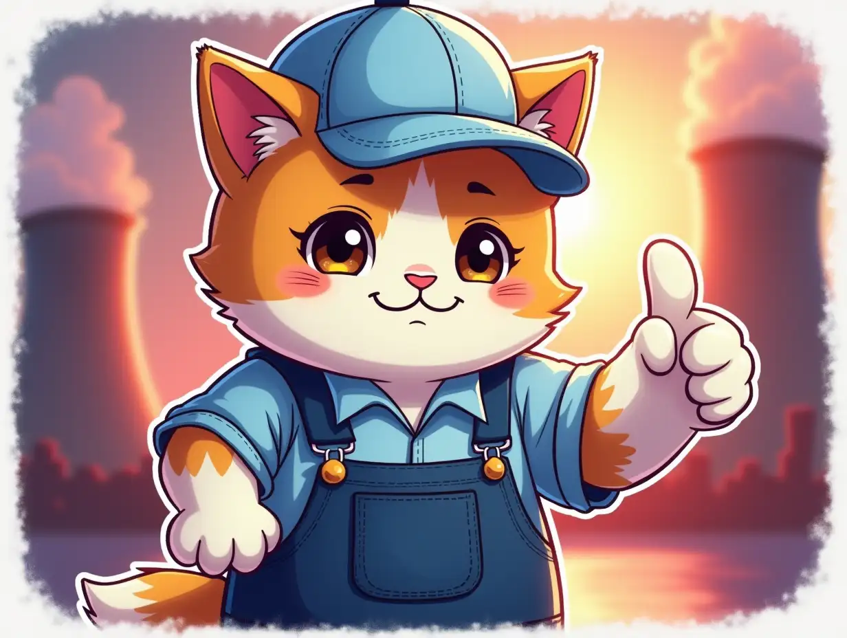 kawaii positive fluffy anime style light multicolor cat in a worker uniform and light blue baseball cap, he shows right hand a thumbs-up gesture, in the background a futuristic nuclear reactor in a coronary glow, a magical warm soft glow, paint like a sticker in anime style