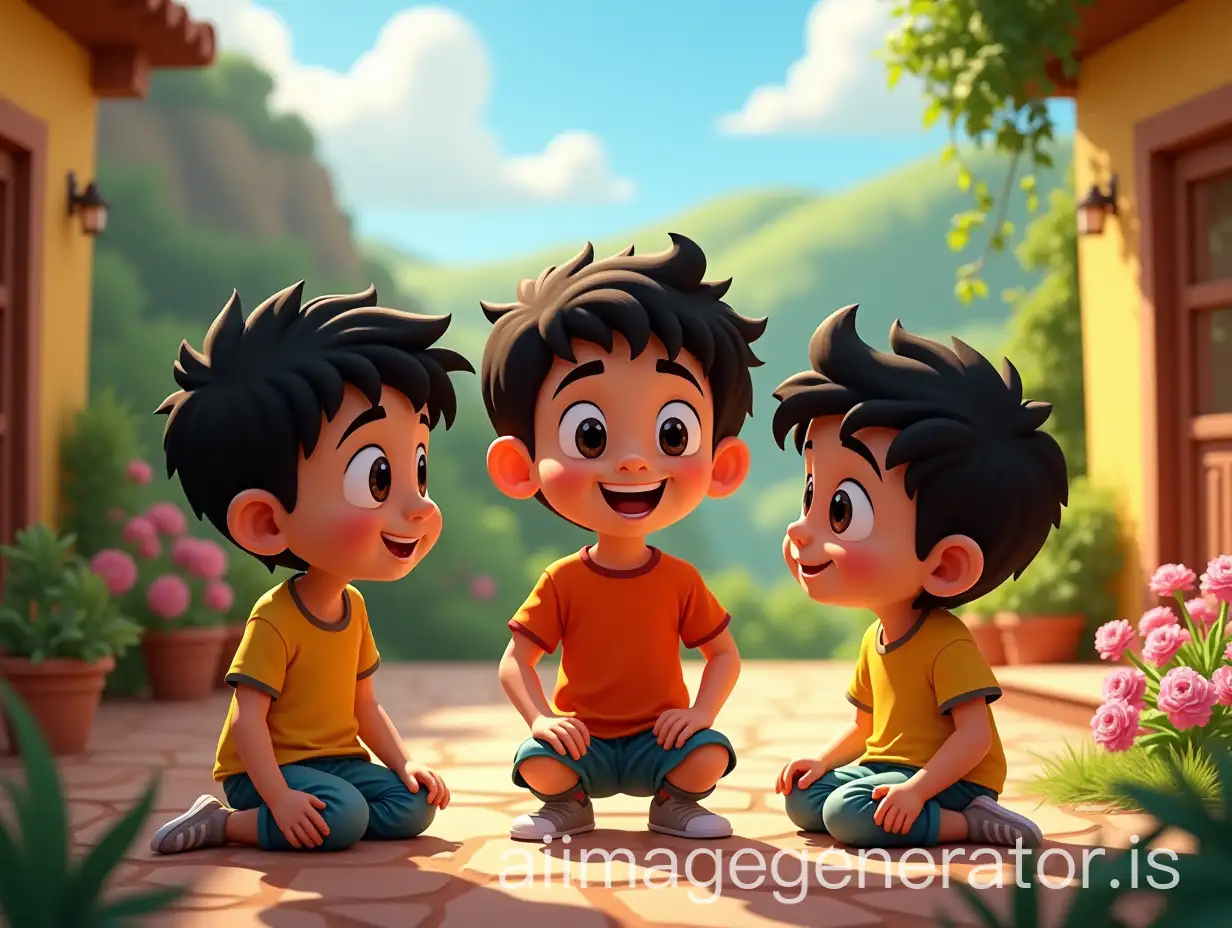 lucas niño de 10 años  con cabello negro, mateo de 10 years, with hair chocolate claro, and marcos  of 10 years with black hair , gathered playing in the patio of lucas's house in the village surrounded by hills and beautiful flowers. pixar style