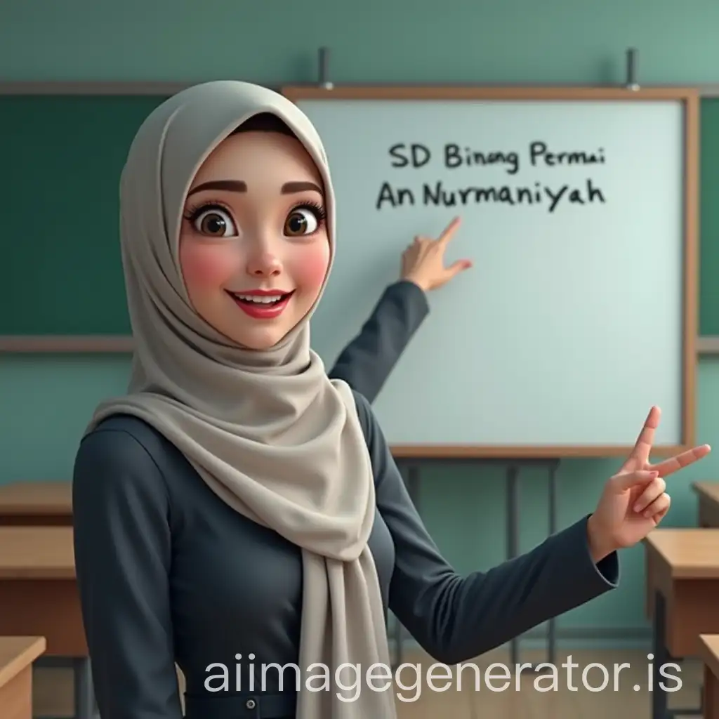 Female-Teacher-in-Hijab-Pointing-to-Whiteboard-in-Classroom-with-SD-Binong-Permai-An-Nurmaniyah-4D-Writing