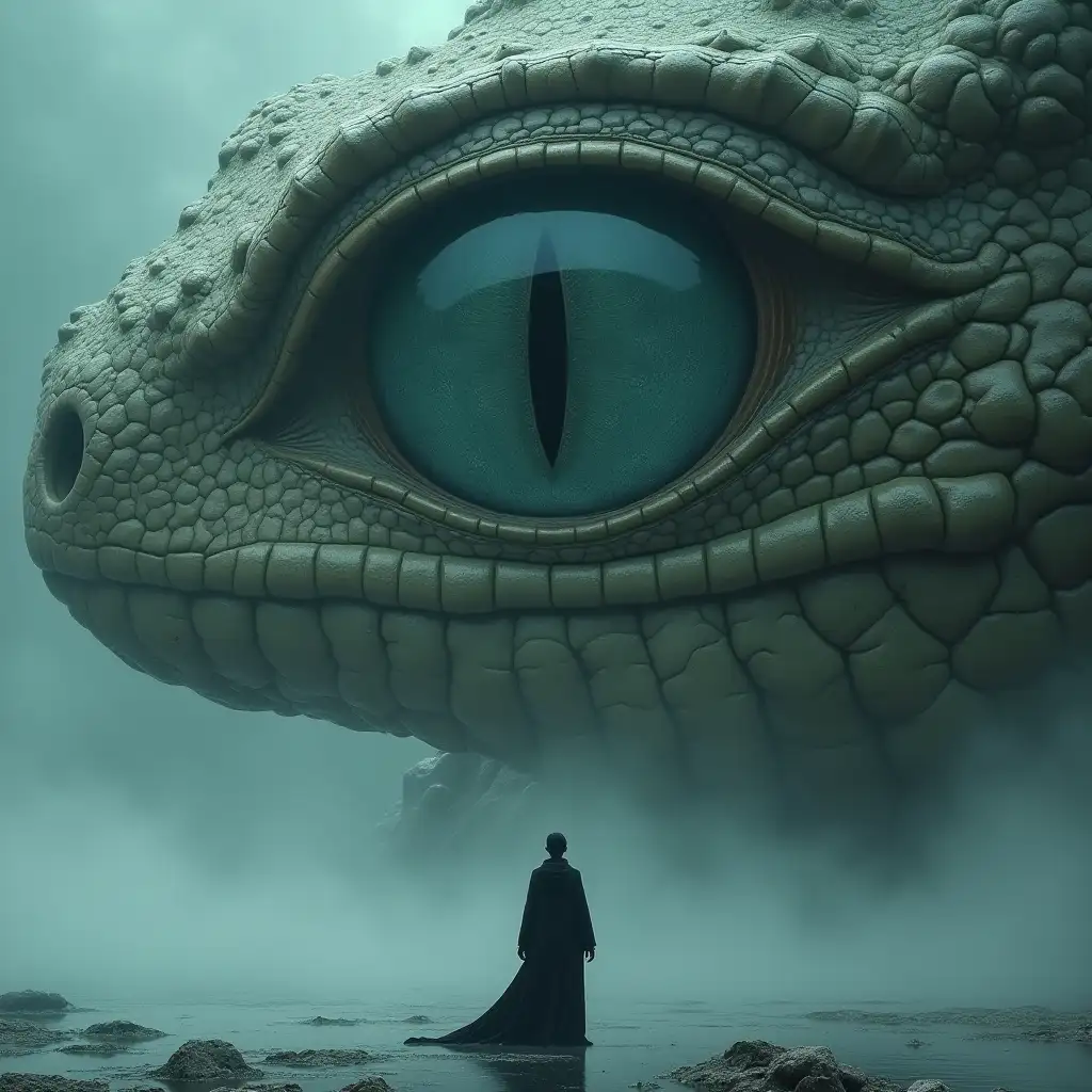 a striking and surreal scene that combines elements of both the natural world and fantasy. Dominating the composition is a massive, reptilian eye, filling almost the entire frame. The eye is highly detailed, with a slit-like pupil that suggests it belongs to a large, powerful creature, perhaps a dragon or another mythical being. The texture around the eye is rugged and scaly, giving the impression of ancient, weathered skin. In the lower portion of the image, a solitary human figure stands before the eye, dressed in a flowing black robe. The figure is tiny in comparison to the colossal eye, emphasizing the vast difference in scale and power between the two. The person stands on a surface that appears to be water or mist, which reflects the eerie, otherworldly light that surrounds the scene. The atmosphere is misty and dreamlike, adding to the sense of mystery and awe. Overall, the image is both dramatic and thought-provoking, blending cultural elements with a fantastical imagination to create a visually captivating scene.