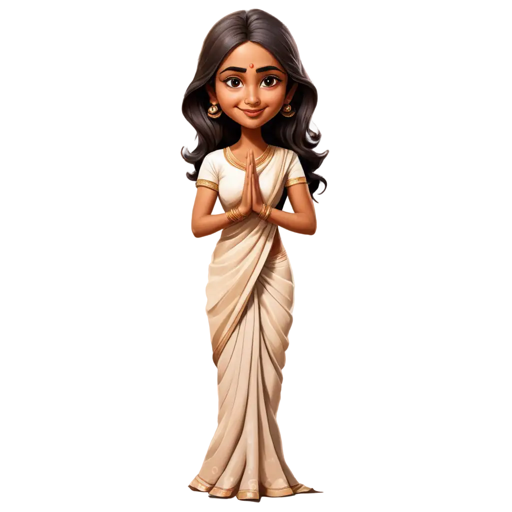 Indian-Female-Caricature-in-Folded-Hands-for-Prayer-PNG-Image-in-White-and-Beige-Saree