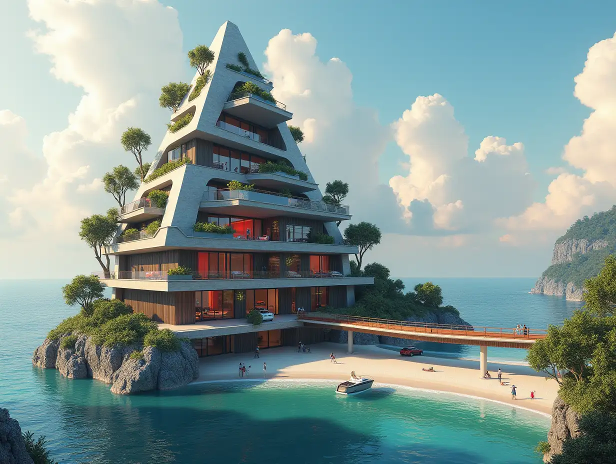 Create a high-resolution, realistic panorama image of a futuristic terrace building with window pyramid house with bridge, a yacht and a small beach with people, many plants and grey and brown facades with sea with waves, big trees, red clouds