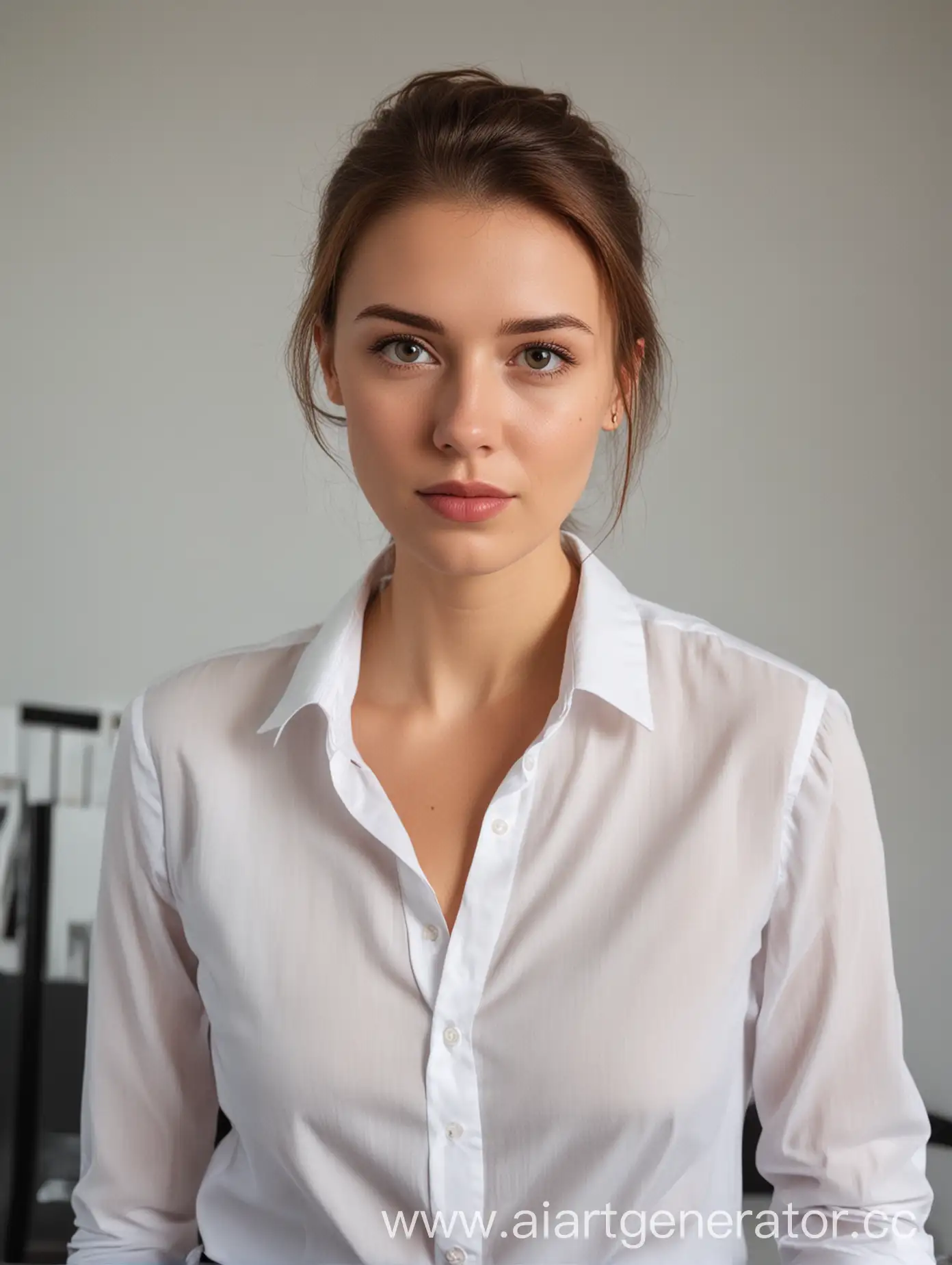 Portrait-of-Office-Worker-in-Unbuttoned-White-Blouse