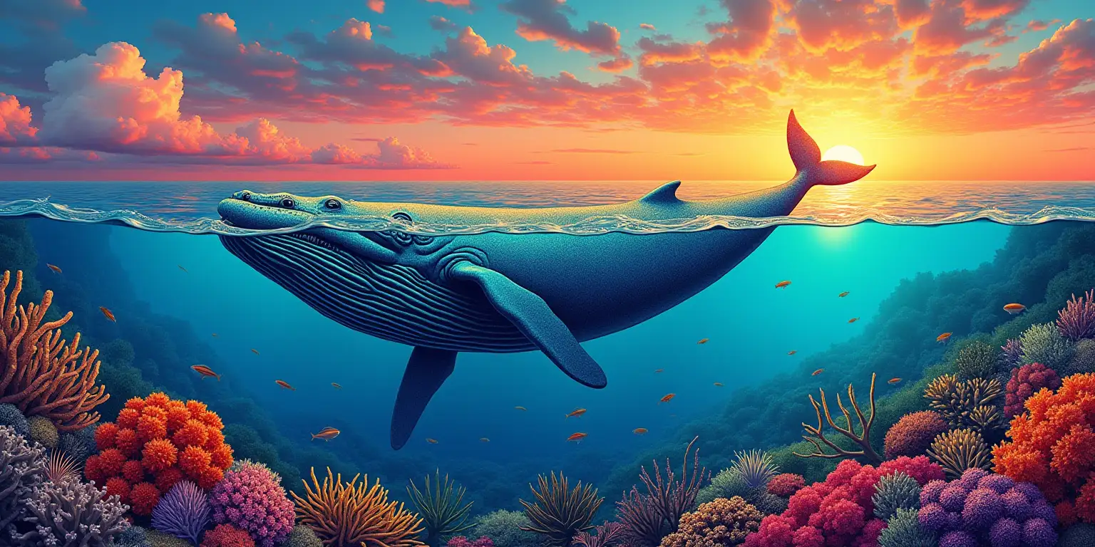 surreal line drawing in the style of salvador dali in a gradients of natural colors small, happy anatomically correct humpback whale  on one side of the image and 30% height of total height of the image in a colorful undersea coral reef near hawaii at sunset