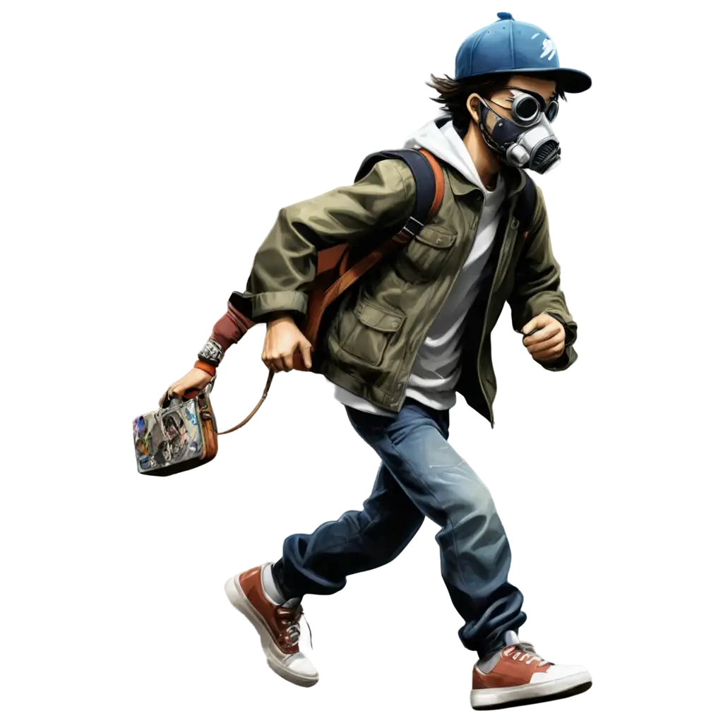 Create for me a fiction character with a street artist theme, with a small build, wearing a jacket, carrying a bag, using a hat, using baggy pants, using shoes, using a gas mask, and carrying graffiti vandal tools like Pilox. And he is running fast