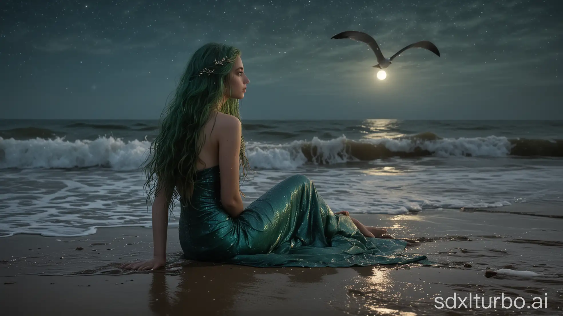 A stunning, ethereal mermaid with a mesmerizing face and a full, graceful body sitting on the shore under a moonlit sky. Her long, wavy blue or dark green hair cascades down her back, damp and shimmering with droplets of seawater. Her glowing, deep ocean-blue eyes are filled with emotion as she gazes towards the sea. Her iridescent golden-green tail sparkles in the moonlight, partially curled on the wet sand. In the background, dark waves crash against the shore, and shadowy, mysterious sea creatures lurk just beneath the water’s surface. The night sky is painted with stars, and a lone seagull soars above, symbolizing hope and freedom. The lighting should be soft and magical, with an ethereal glow highlighting her beauty and the sense of mystery surrounding her fate.