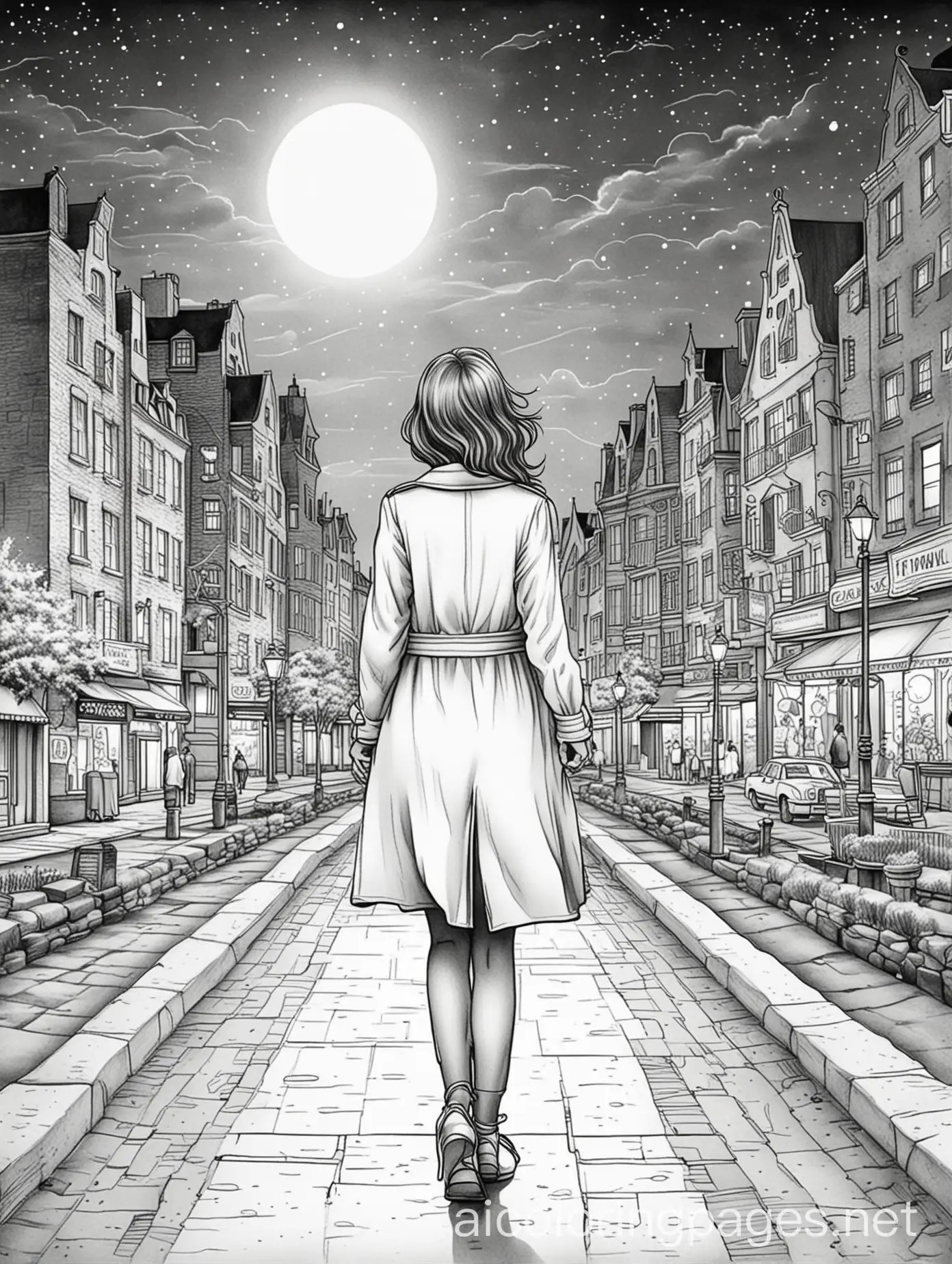 Woman-Walking-Alone-in-a-City-at-Night-Coloring-Page