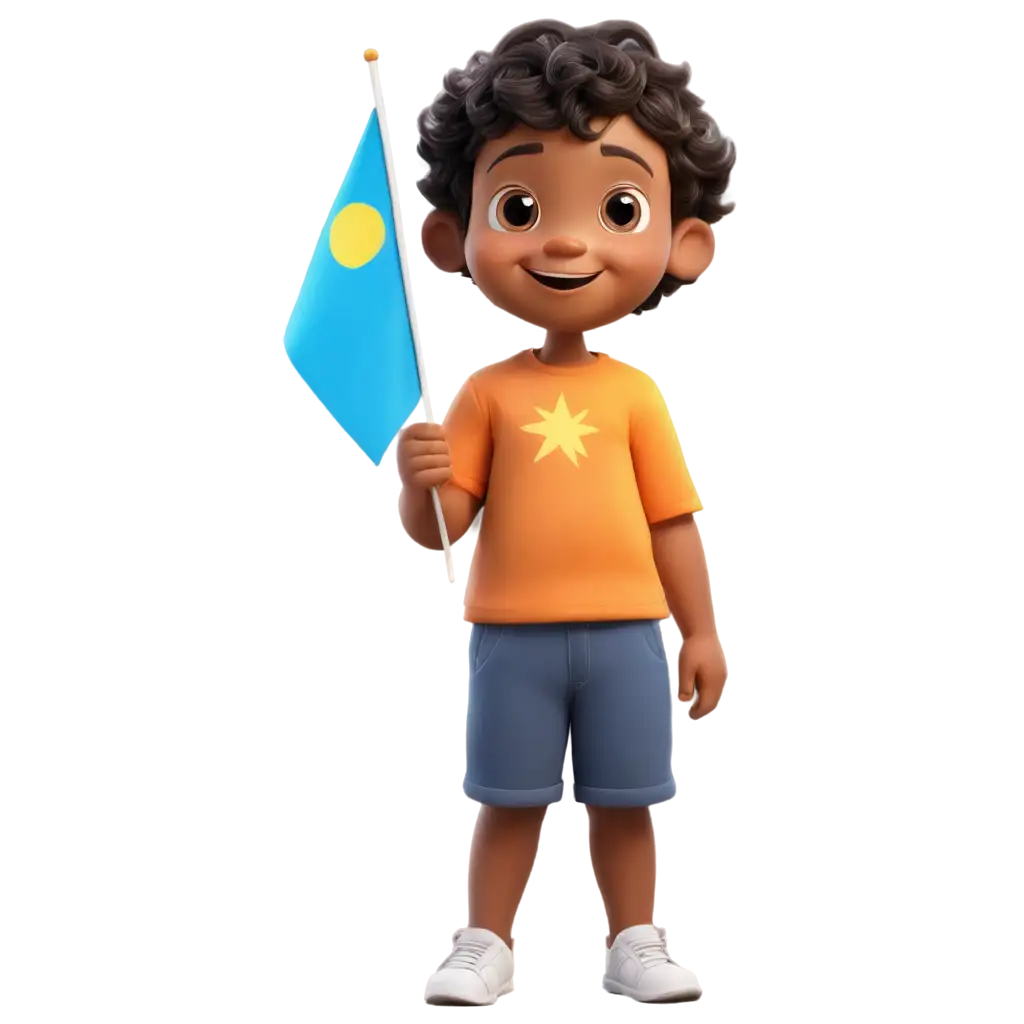 create cartoon child has a flag on his hand with sky and sun background