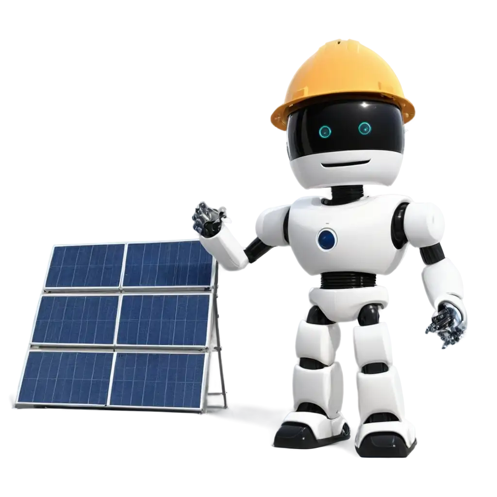 robot with a construction hard hat near a solar pv array