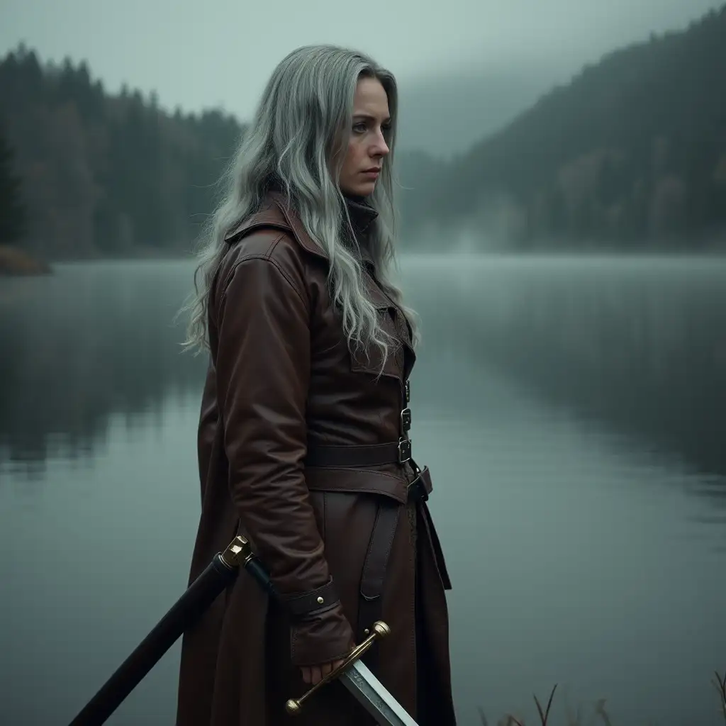 Lady-of-the-Lake-with-Grey-Hair-and-Medieval-Sword-in-Brown-Leather-Coat