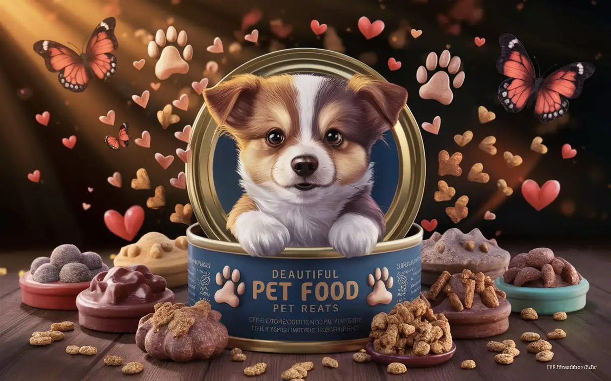 Pet food can, with a cute pet dog as the main theme, with many fragrant dog food on both sides, background containing butterflies, pet dog paw prints, and heart patterns, indicating the owner's love for pets, warm picture, anime style, masterpiece movie effect, super high-definition quality.