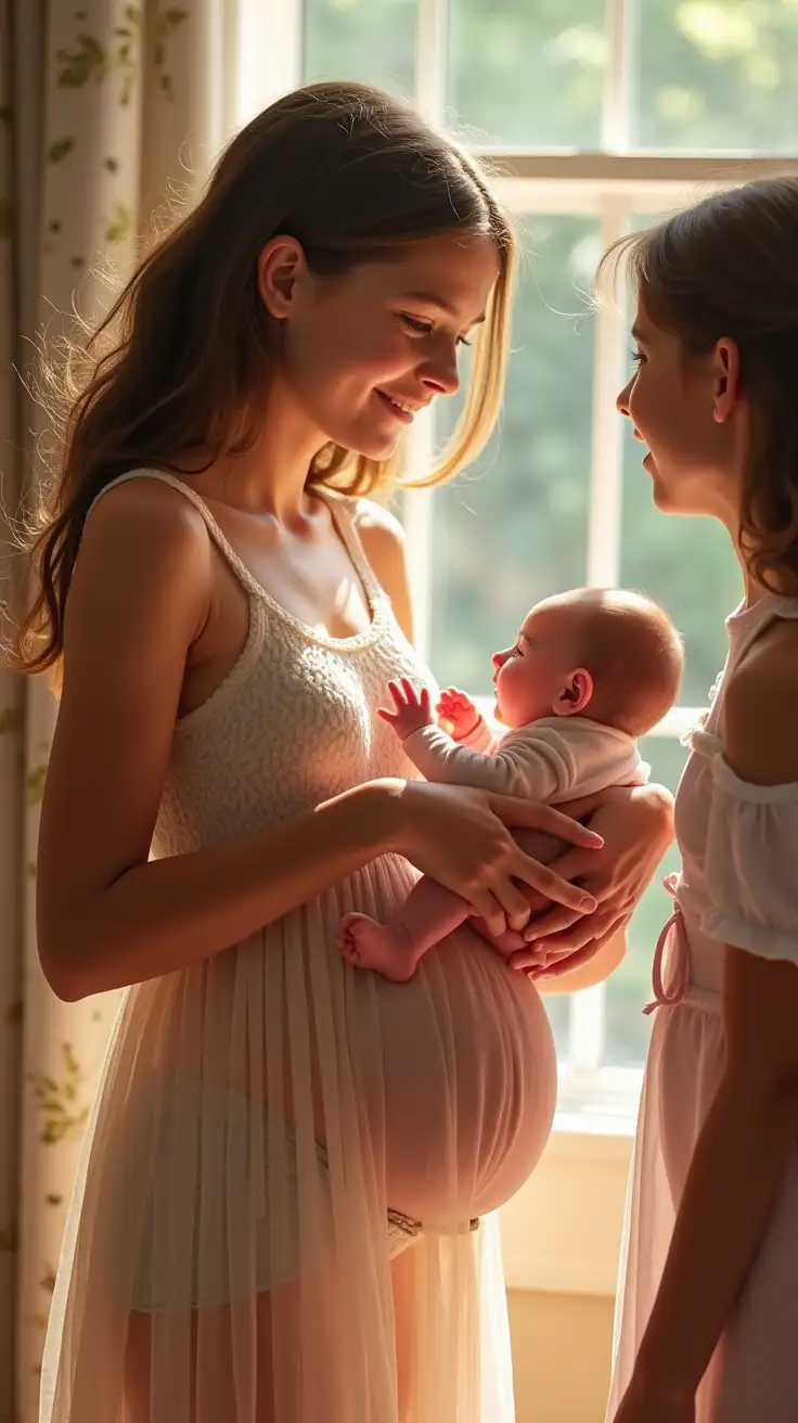 Preteen-Girl-Holding-Baby-in-Sheer-Sundress-Talking-with-Friends