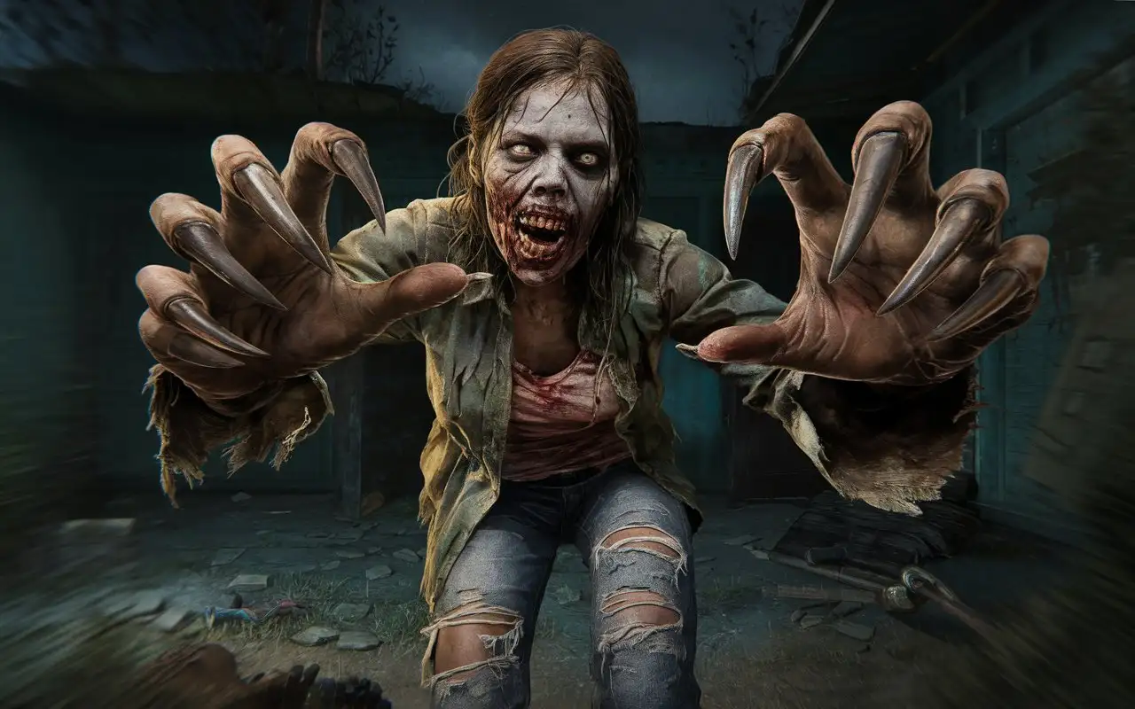 A rotten zombie woman with  nails like claws and a mouth with sharp, ugly teeth. The zombie is dressed in torn clothes, without shoes, The action takes place at night or in the evening, she goes after her prey, stretching out her arms in front of her to grab it. First-person view.  how The Walking Dead TV Series