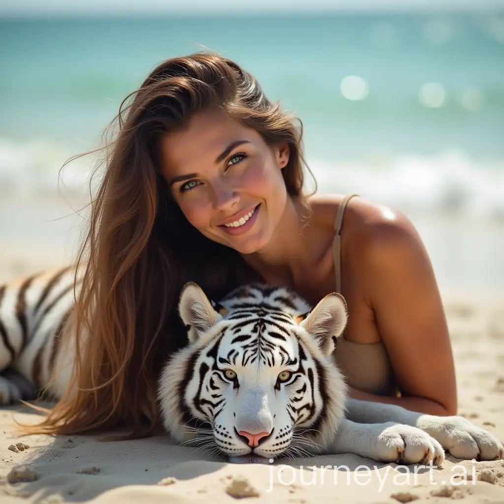 Brunette-Woman-Relaxing-on-the-Beach-with-White-Tiger