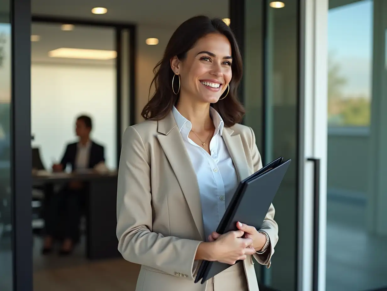 Hispanic-Woman-Leaving-Attorneys-Office-with-Folder-and-Smiling