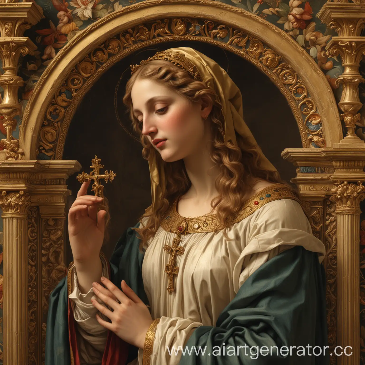 Create a digital painting in the style of 15th-16th century Italian Renaissance masters such as Raphael, Michelangelo, or Botticelli. The artwork should depict a religious Christian scene or icon, such as the Madonna and Child, the Annunciation, or a saint. Use rich, jewel-toned colors, intricate patterns, and delicate, naturalistic rendering of figures and drapery. Incorporate classical architectural elements like columns, arches, and ornate gold detailing. The composition should have a balanced, harmonious arrangement with a sense of depth and perspective. Imbue the piece with a sense of spirituality, reverence, and devotion, characteristic of iconic Renaissance religious art. The figures should have serene, pious expressions and poses. Include religious symbols like halos, crosses, or liturgical objects. Overall, the final artwork should capture the elegant, idealized aesthetic and profound religious themes typical of the High Renaissance period in Italy, while rendered in a contemporary digital painting style.