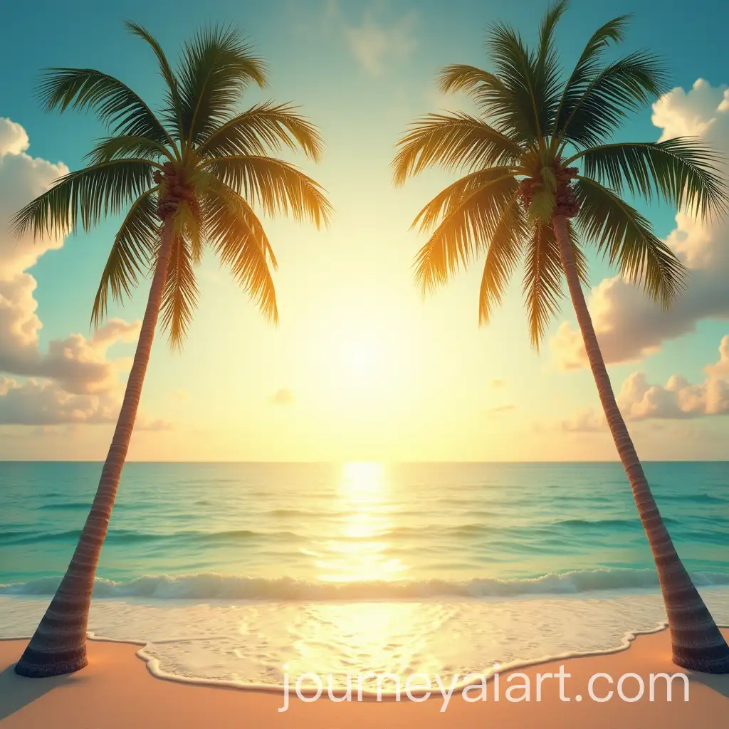 Tropical-Beach-with-Palm-Trees-and-Sun-at-Sunset