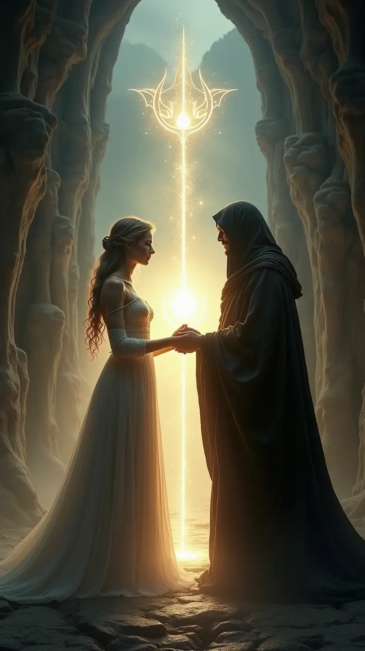 Inside a vast glowing inner temple made of bone and light, two luminous ancient Druid figures face one another— one female, one strong masculine hooded male, both dark and shrouded, one flowing, silver, and moonlike, the other dark, grounded, and mountain-strong. They reach toward each other, hands touching, foreheads meeting, as their energies begin to merge. Between them, a radiant symbol of union forms—an abstract sigil of balance, glowing softly. The atmosphere is graceful, archetypal, and harmonious, mostly dark and mysterious, with silver and gold light blending in a sacred dance. Cinematic, mystical.