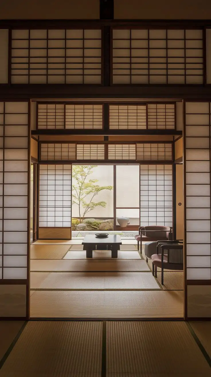 Wide shot, interior of a Japanese home, shoji screens dividing living spaces, soft diffused light filtering through the screens, minimalist furniture in the background, uncluttered and airy atmosphere, natural wood and paper textures, zen garden visible through an open shoji screen, wide angle lens, realistic, muted color palette, daytime --ar 16:9 --zoom 1.5