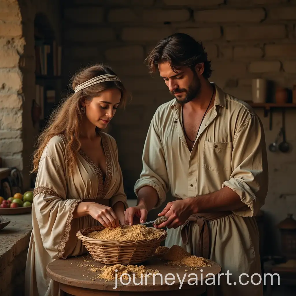 Woman-in-Biblical-Clothing-Performing-Household-Chores-While-Husband-Focuses-on-Work