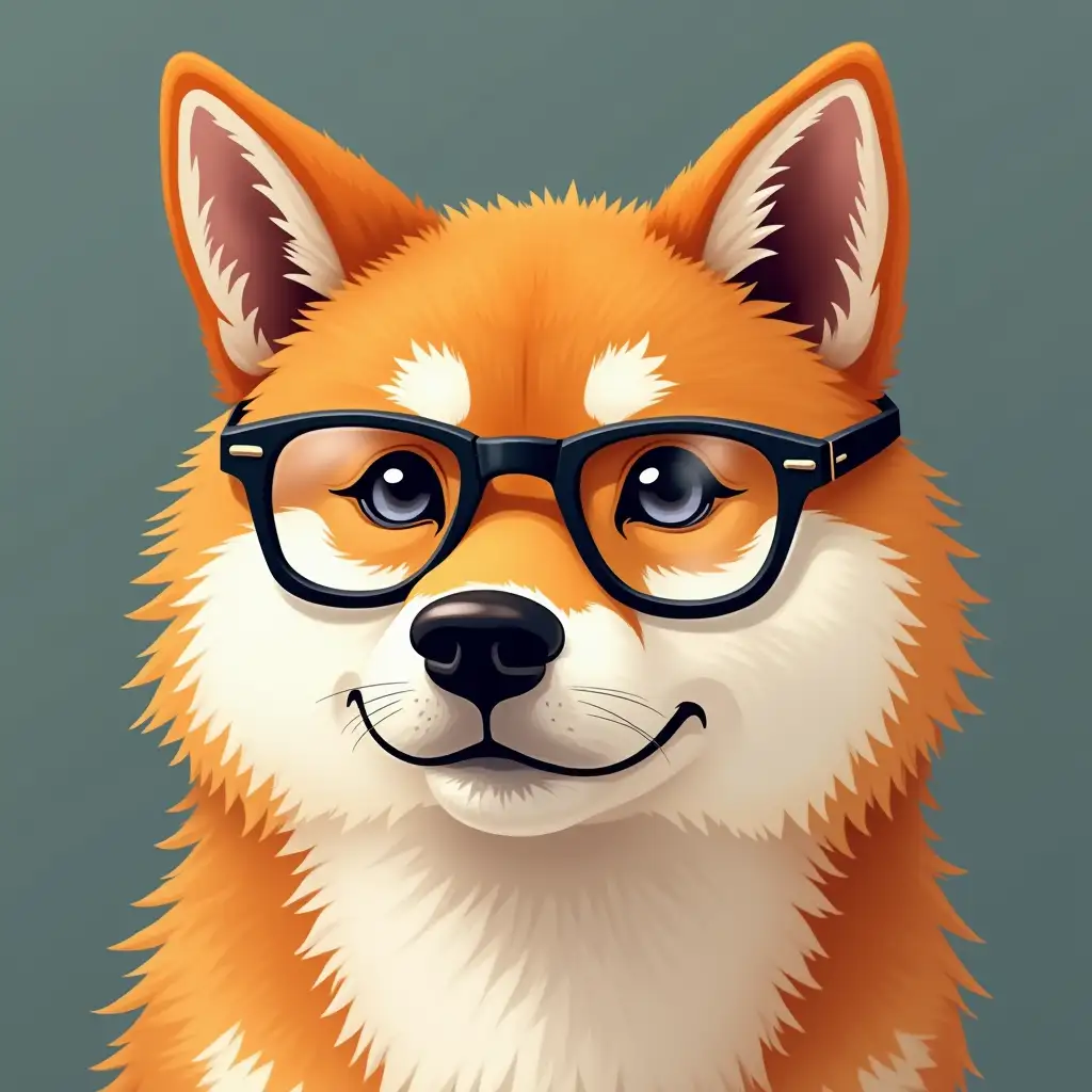 The head of a masculine bespectacled Shiba Inu, who is radiant and looks ahead