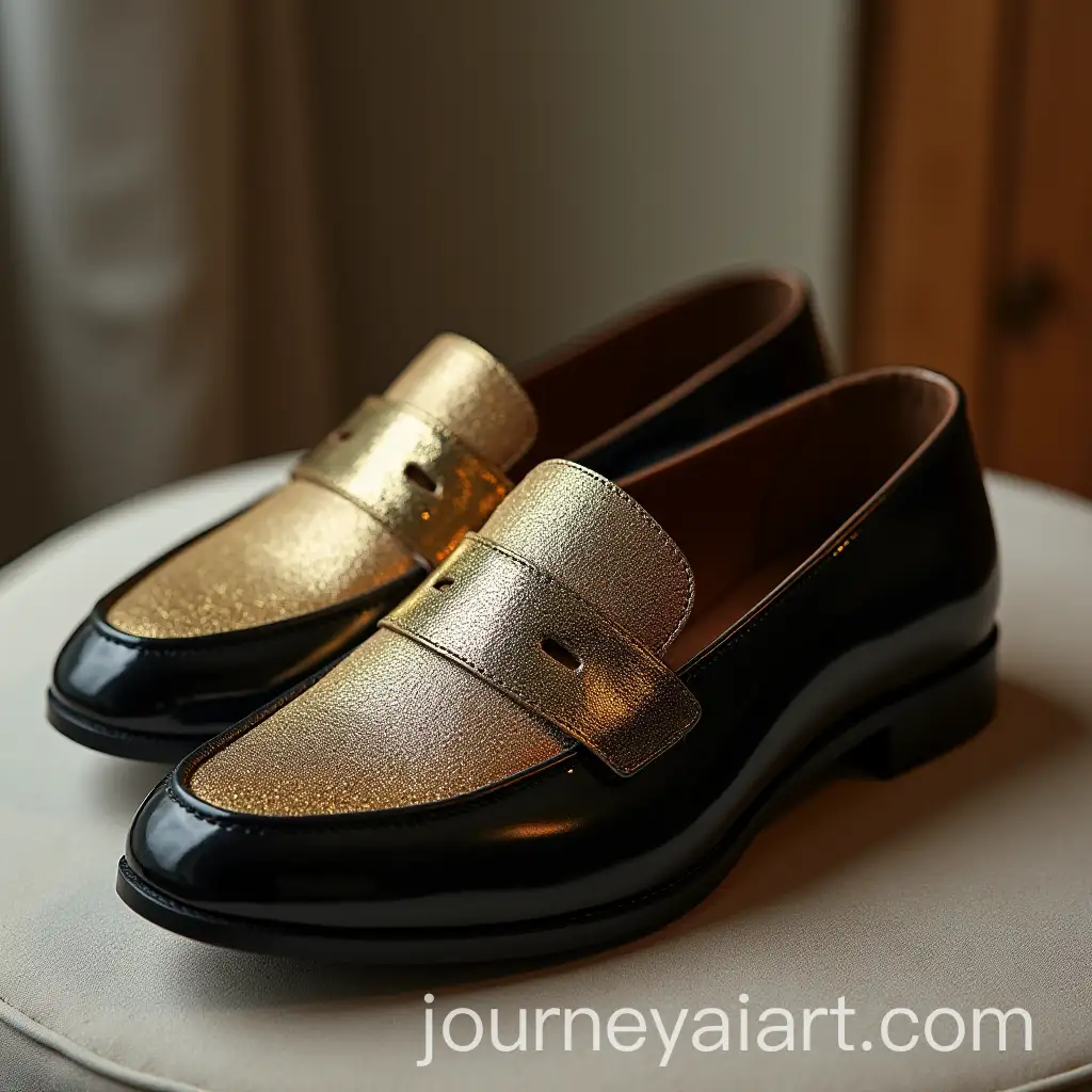 Elegant-Metallic-Gold-Leather-Loafer-Slippers-with-Black-Silk-Cushioned-Interior