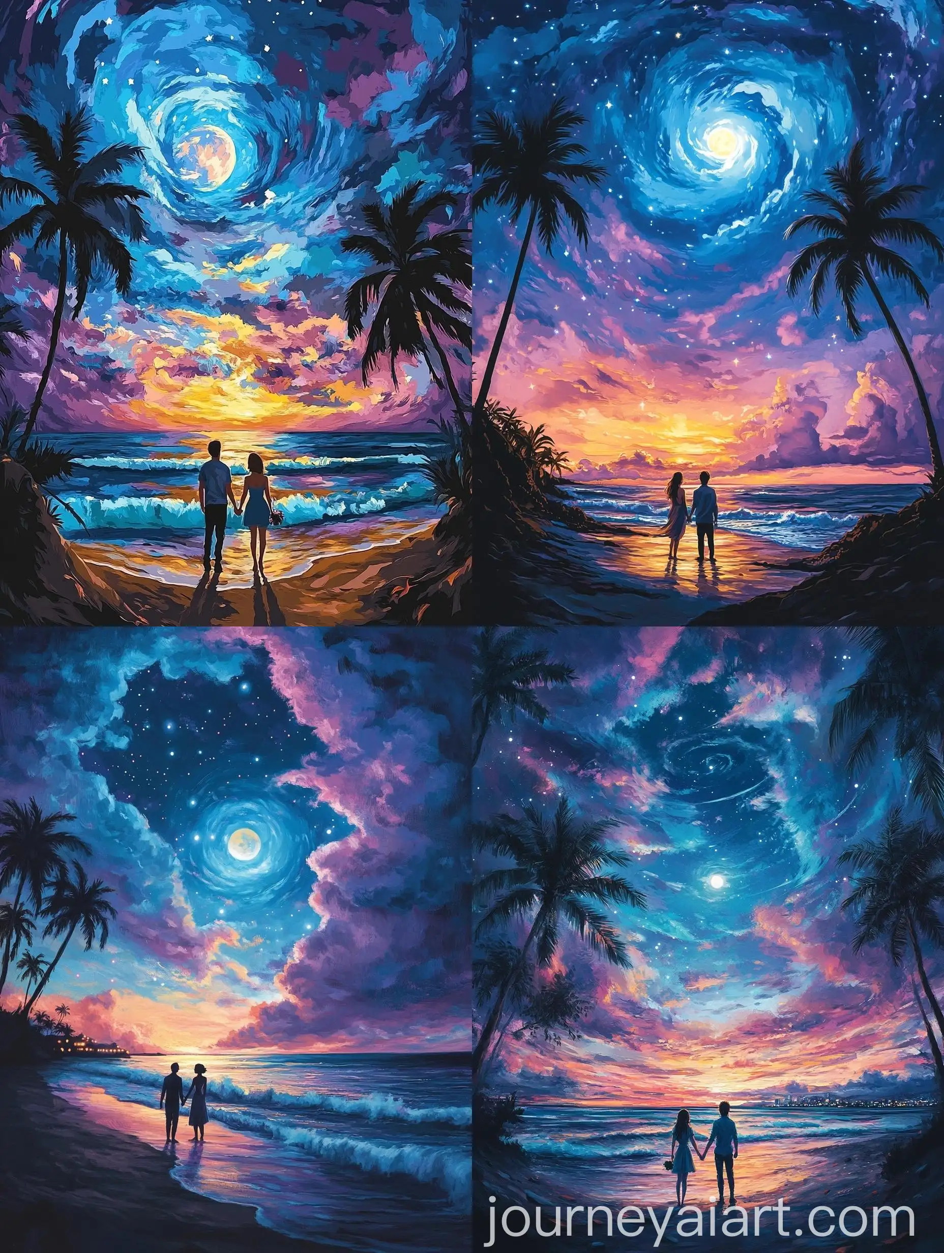 Romantic-Couple-Holding-Hands-on-Twilight-Beach-with-Vibrant-Night-Sky