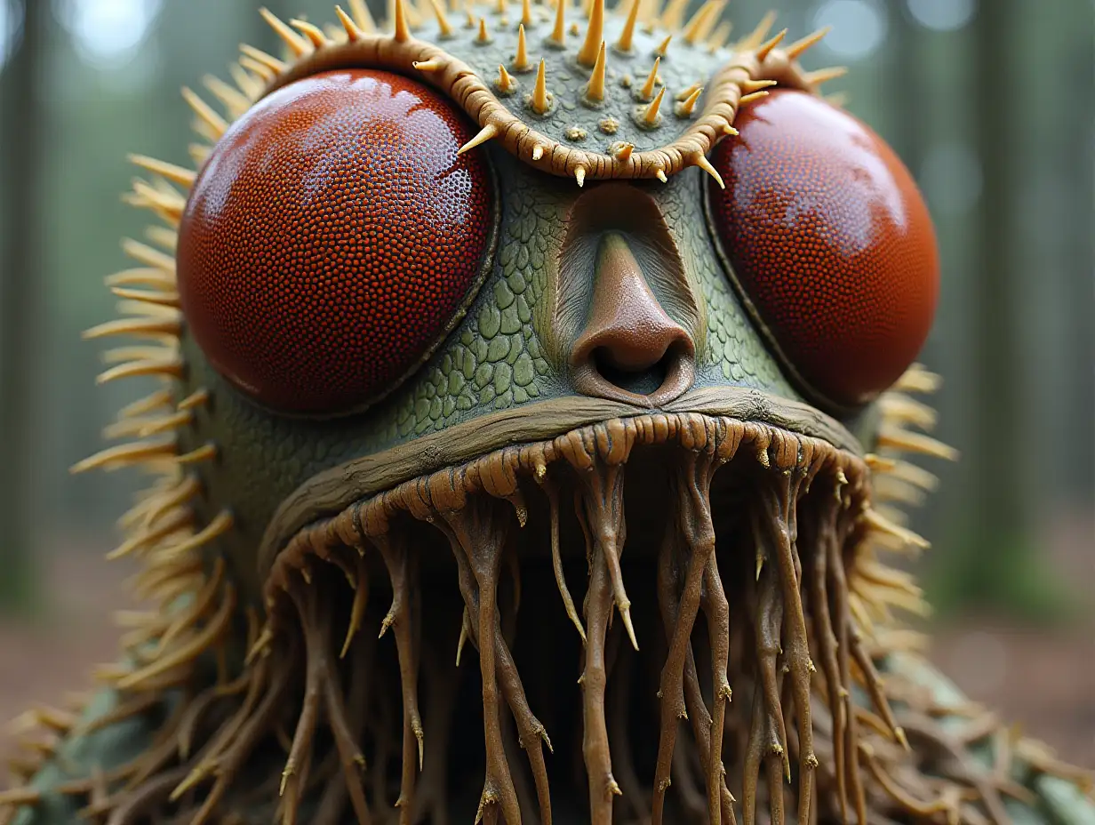 Face transformed into building with brown Fly Agaric roots