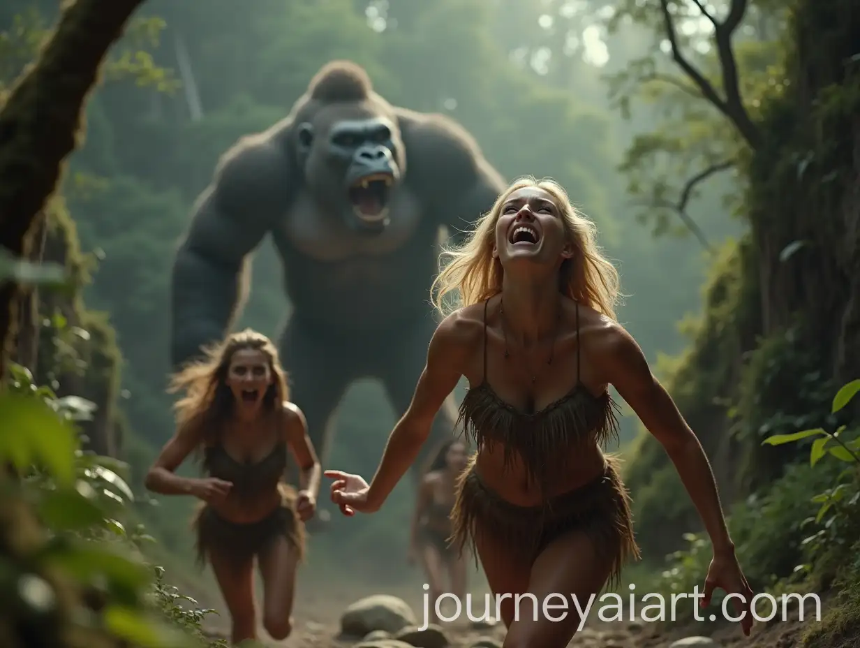 Blonde-Woman-in-Stone-Age-Being-Chased-by-Giant-King-Kong-in-Jungle-Cliffs