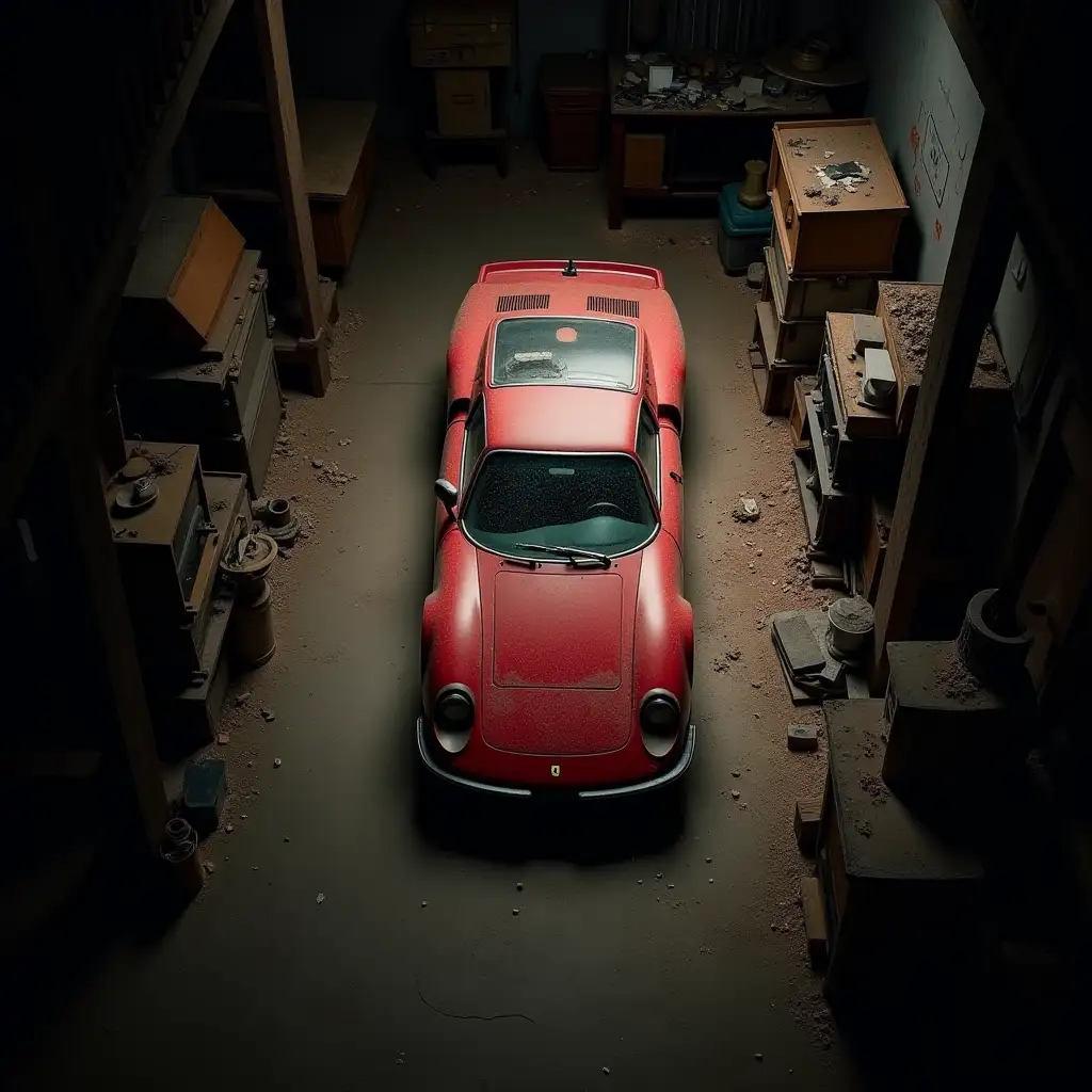 Abandoned-Ferrari-Covered-in-Dust-Inside-a-Dark-Cluttered-Garage