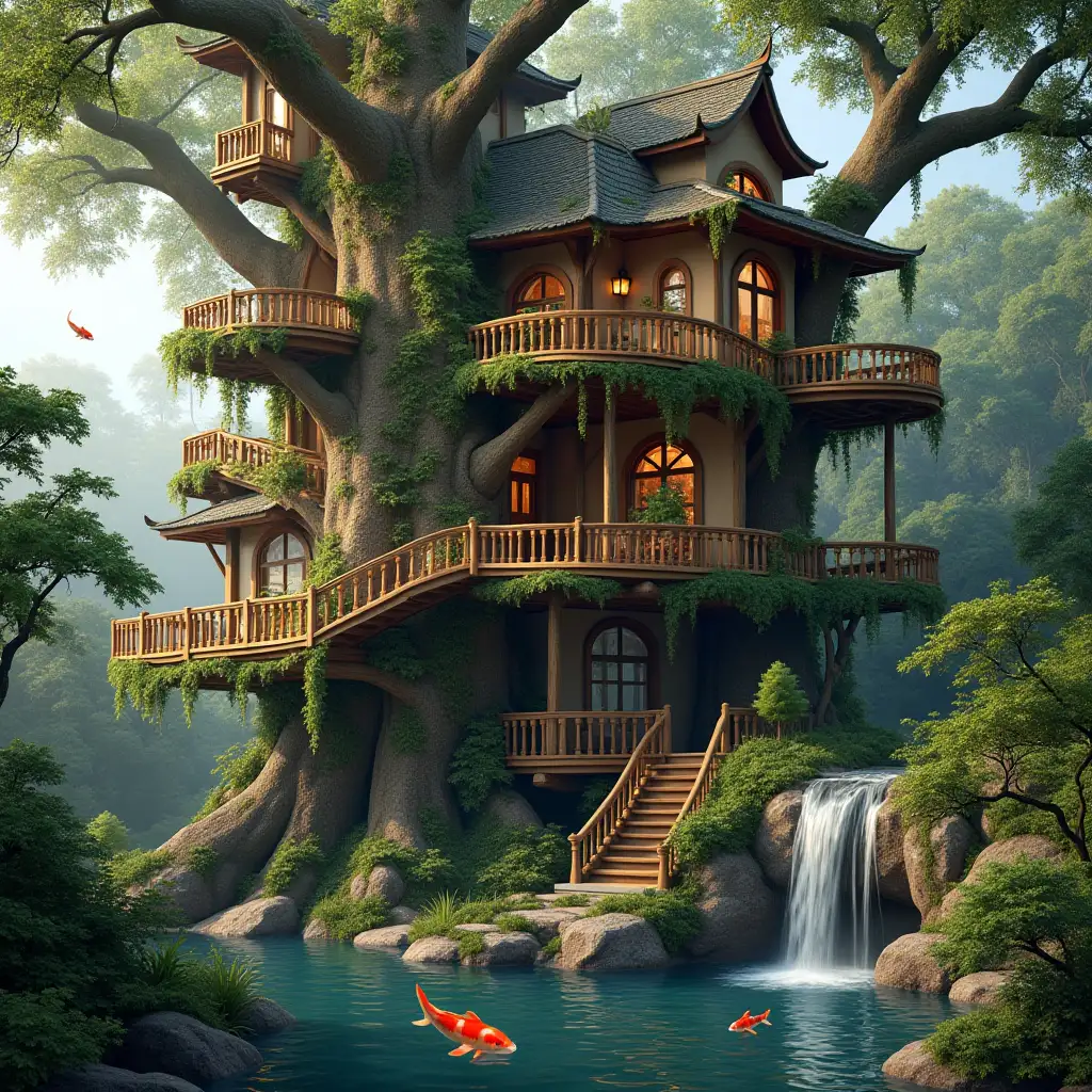 Create an image of a large belated treehouse with round stairs, many terraces with orchid hanging plants, a pond with waterfall and koi, and photo-realistic love for the details of parts and lighting.