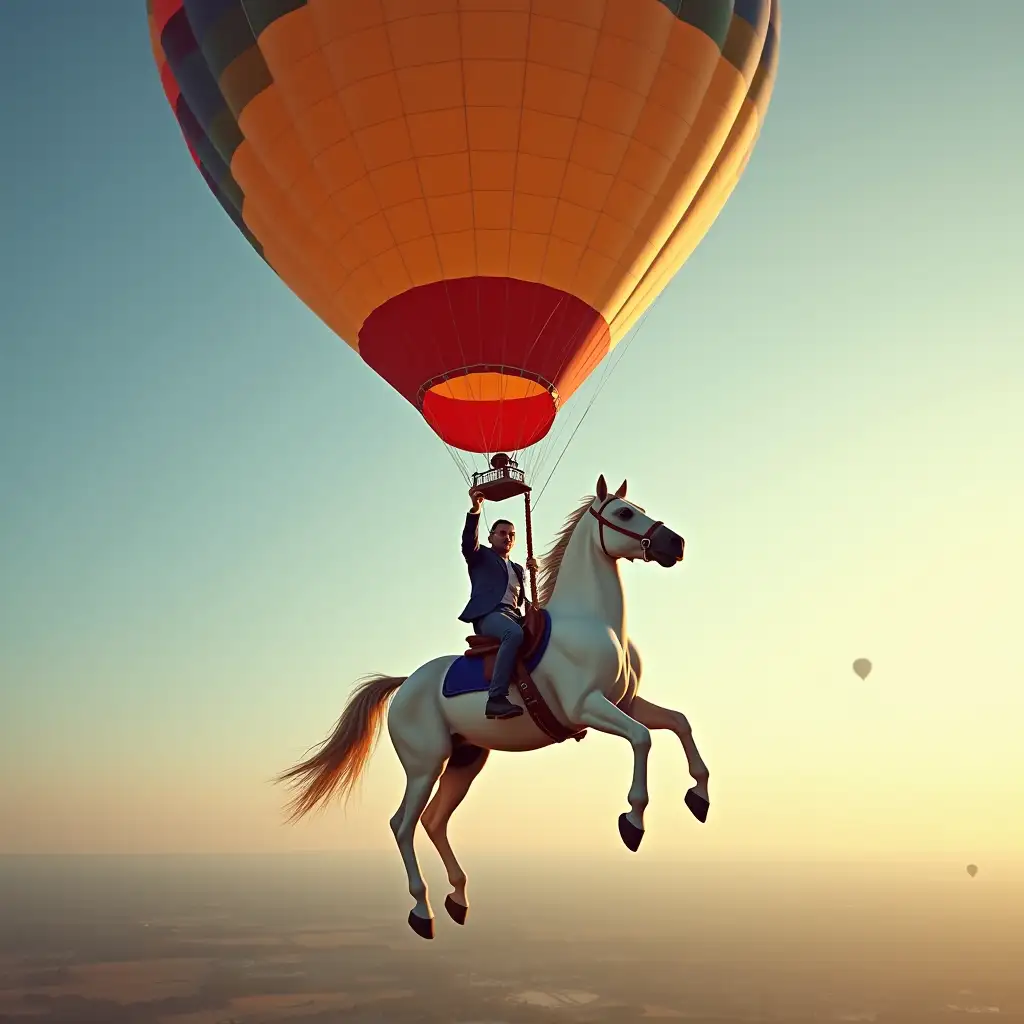 A quick horse hanging from a hot air balloon