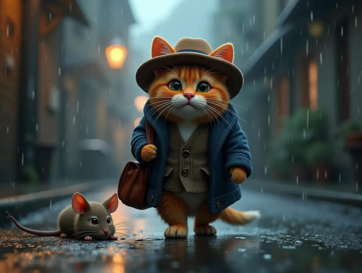 Domestic animation: a chubby cat in a hat and smart clothes, carrying a bag, goes on an adventure in a cinematic, rain-soaked scene. The cat has bright, expressive eyes. The style is dramatic, with film-like lighting and reflections. A rat was lying injured on the road