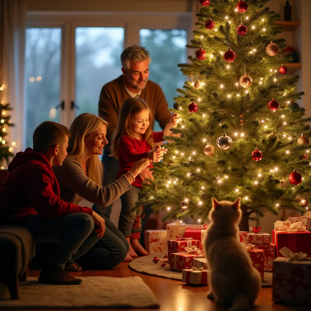 A multigenerational family decorating a Christmas tree together in a modern home. The scene includes grandparents helping children hang ornaments, while parents adjust the lights. The tree is nearly finished, with a warm and joyful expression on everyone’s face. Gifts are visible in the background, and a playful pet, like a cat or dog, is interacting with the decorations. This captures the essence of family togetherness and holiday joy.