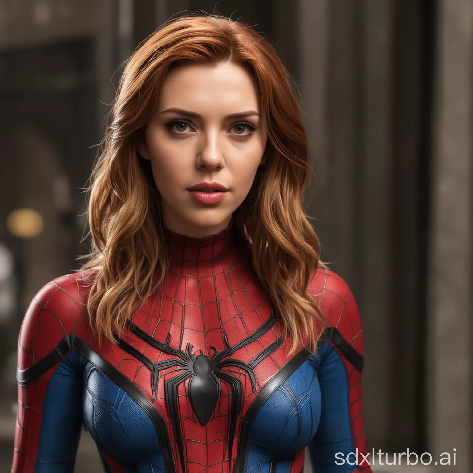 Scarlett Johansson in a full Spider-Man cosplay