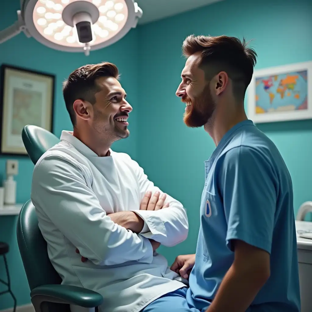 make a video of realistic ronaldo at the dentist and messi is the doctor