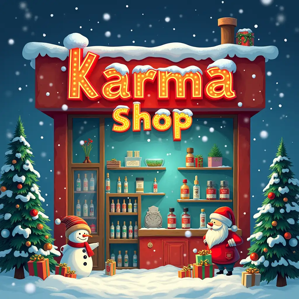 a bright cover with the inscription 'Karma Shop', a variety of electronic cigarettes, vaping liquids and accessories, The quality of the cover should be New Year's, Christmas trees, sasuls, snowmen, snow, snowflakes