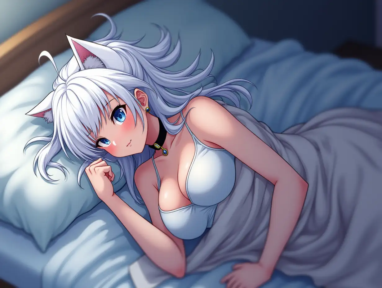 Anime mature adult woman with an hourglass body who looks like she is in her 30's with big breast, extreme cleavage, blue eyes, black and gold earrings, a choker around her neck, long white hair and white cat ears on her head. She is in her bed knocked out asleep. Her hair is wild and messy as she toss and turn with her blanket covers falling off her and the bed with full body view of her as her feet kick the last of the covers off.  She is asleep with both eyes closed.