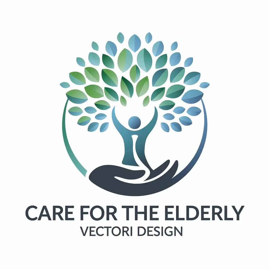 a vector logo design,with the text "care for the elderly", main symbol:The overall shape of the logo is a circle, with an abstract tree in the center, the trunk part uses the shape of a hand to symbolize care and support. The leaf part is filled with different shades of green, representing the vitality and diversity of life. The top of the tree blends into soft blue elements, symbolizing safety and trust.,Moderate,be used in Medical Dental industry,clear background