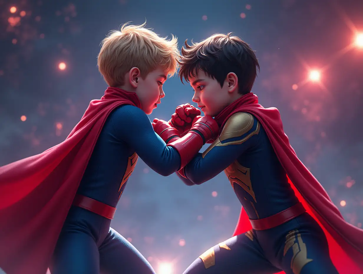 user_prompt: Create a realistic image of two fighting serious children boys in space, they wrestle with each other, free style wrestling, depict them full size, dress them in Marvel clothing, use bright saturated colors