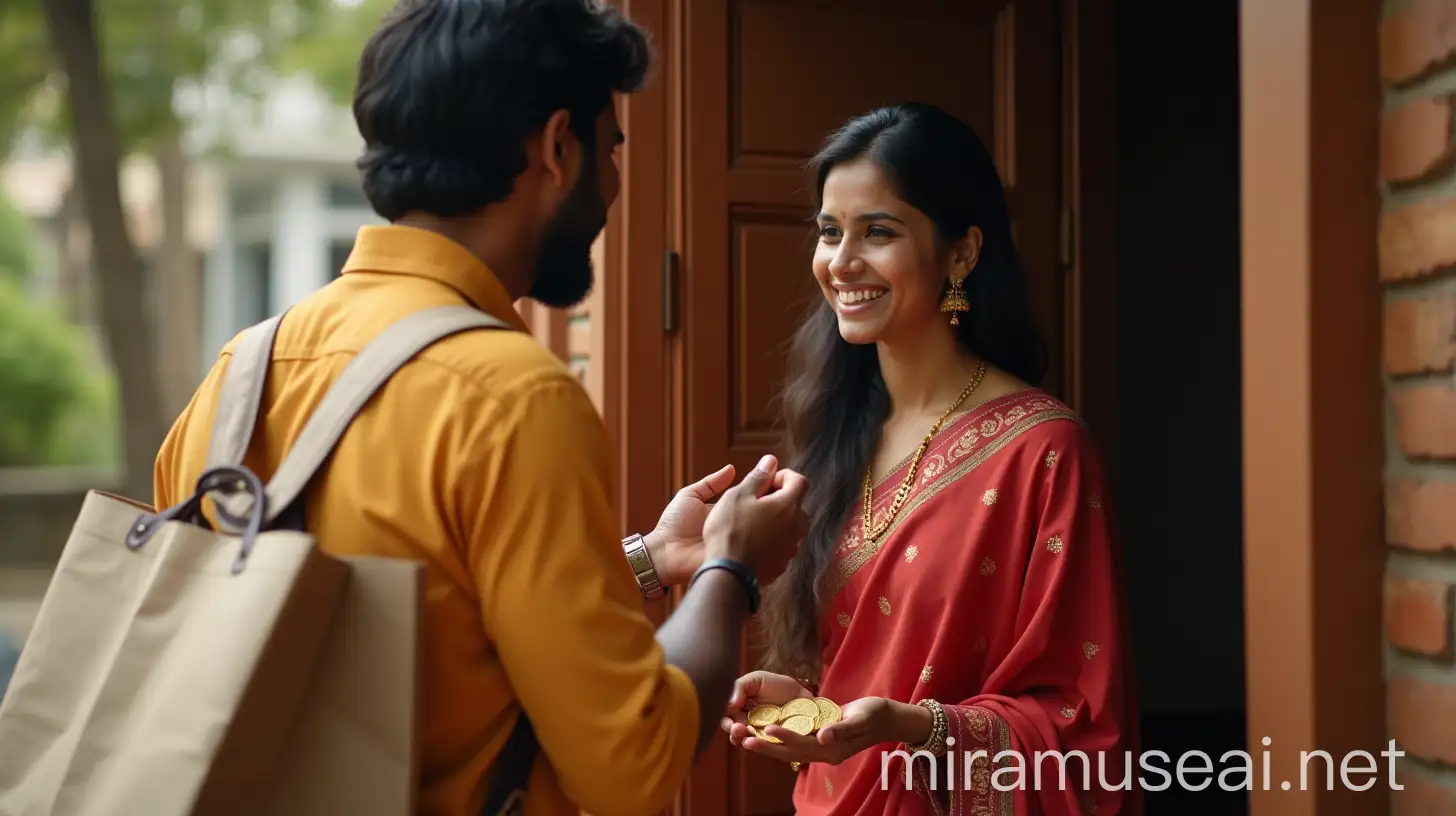 Indian Delivery Man Handing Gold Coin to Young Woman at Doorstep