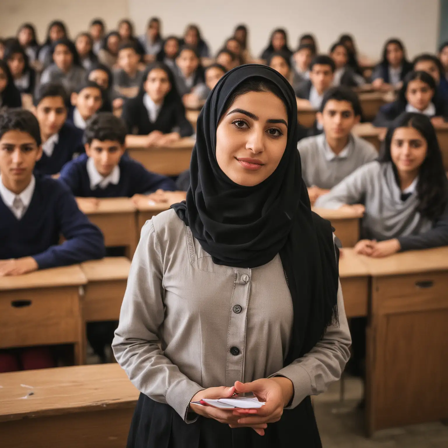 Young-Iranian-Woman-Teacher-Engaging-with-Students-in-Classroom