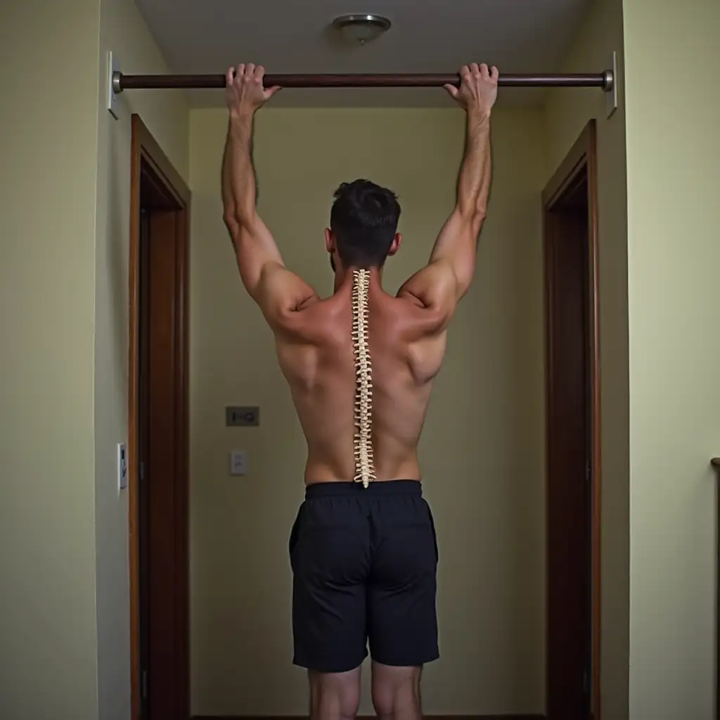 Man Stretching Spine on DoorMounted Bar