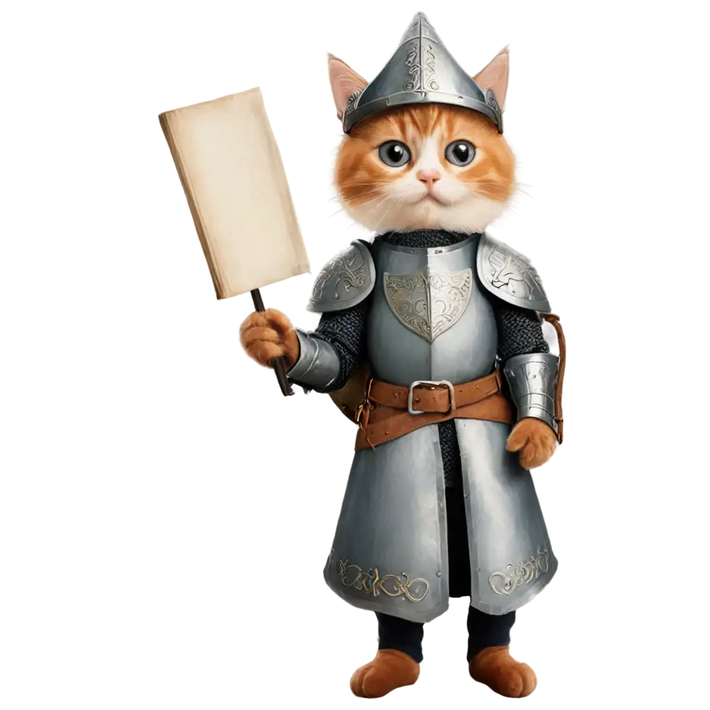 Cute-CalicoPNG-Image-Usage-Scenarios-Cat-Dressed-as-a-Medieval-Knight-with-Scroll-PNG-Format-with-Transparent-Background