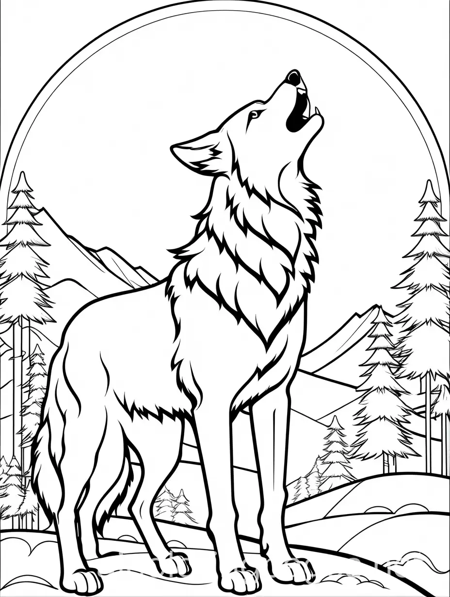 A howling wolf, Coloring Page, black and white, line art, white background, Simplicity, Ample White Space. The background of the coloring page is plain white to make it easy for young children to color within the lines. The outlines of all the subjects are easy to distinguish, making it simple for kids to color without too much difficulty